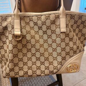 Gucci Britt Beige GG Monogram Canvas Tote with Beige Leather and Silver Hardware